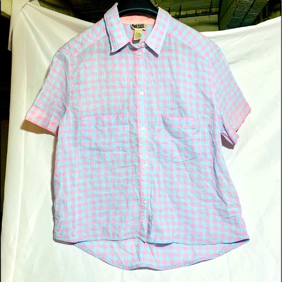 Pretty Pastel “Diesel” SzL light button down tee blue/pink check - Picture 1 of 5